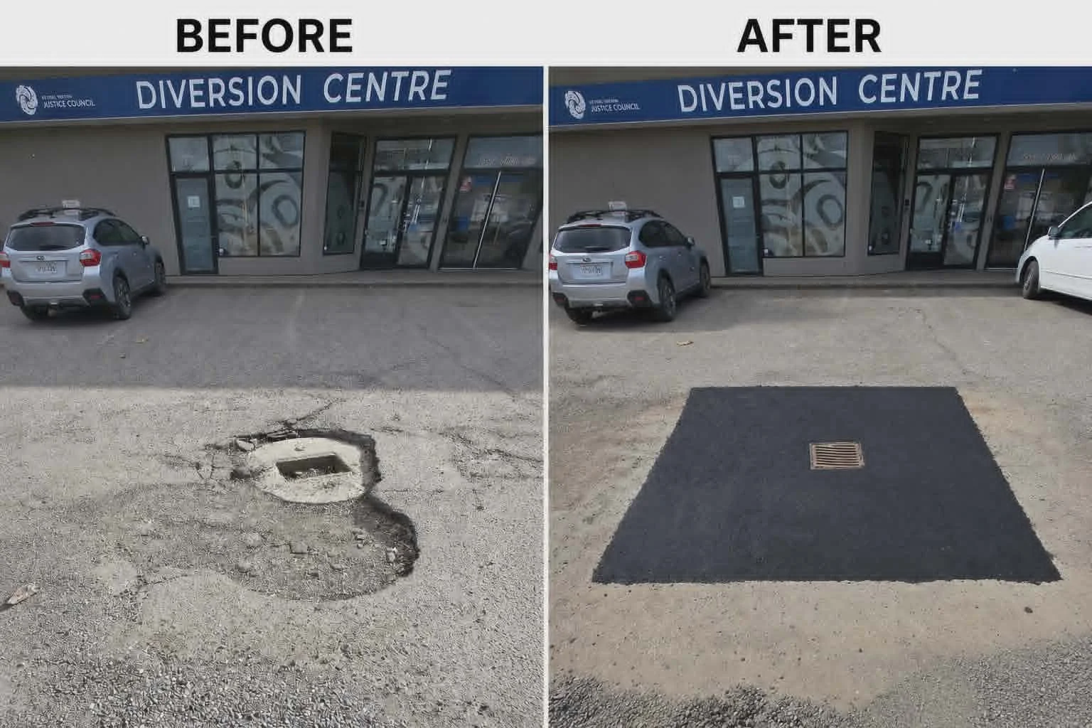 Side-by-side view showing a hazardous pothole transformed into a safe, smooth asphalt patch by a professional paving contractor in Central and Northern BC.
