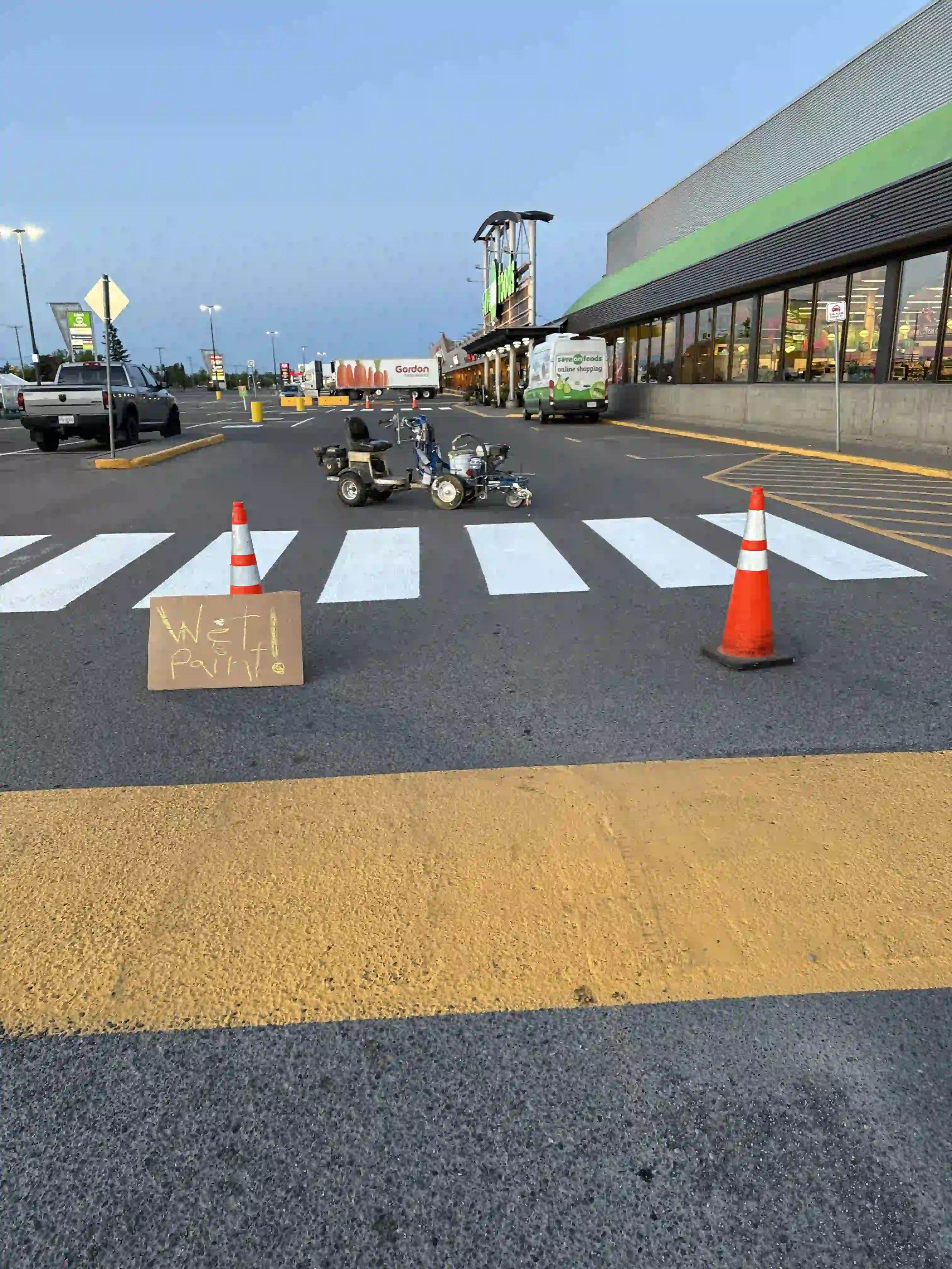 Fresh white crosswalk painting and parking lot pavement markings at a grocery store in Fort St. John, BC