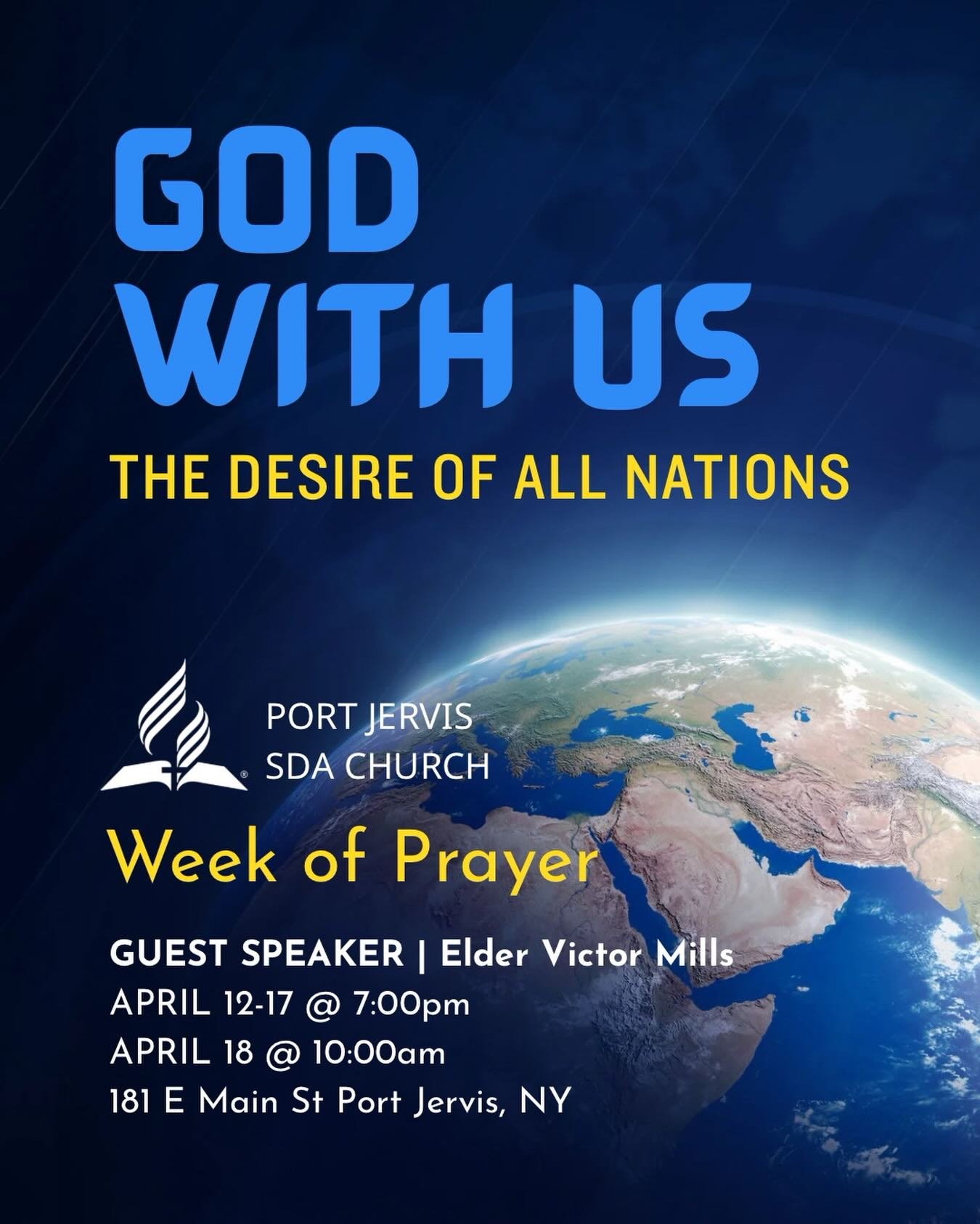 Something powerful is coming to Port Jervis. 🌍 Join us for Week of Prayer &mdash; God With Us: The Desire of All Nations &mdash; with Guest Speaker Elder Victor Mills. 

🗓️April 12&ndash;17 at 7pm &amp; April 18 at 10am. 
📍181 E Main St. Port Jerv