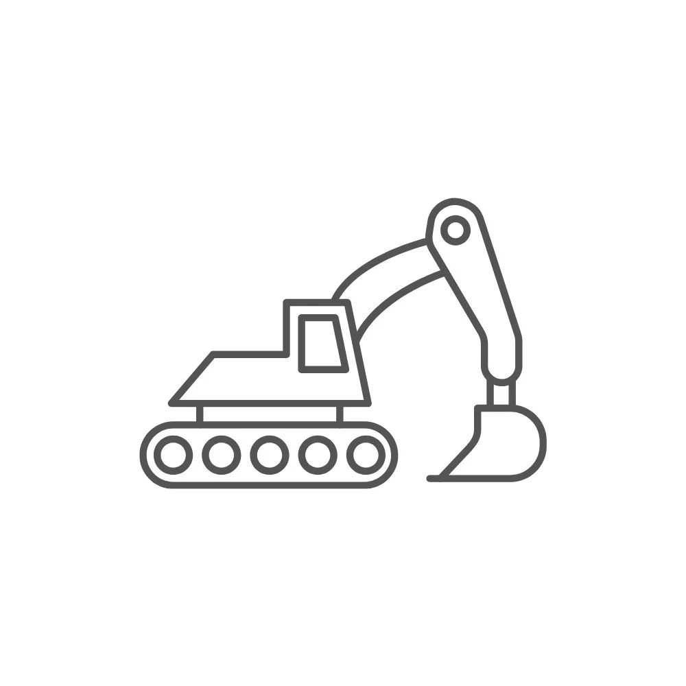 Industries we work with. Line drawing of an excavator with tracks and a bucket arm.