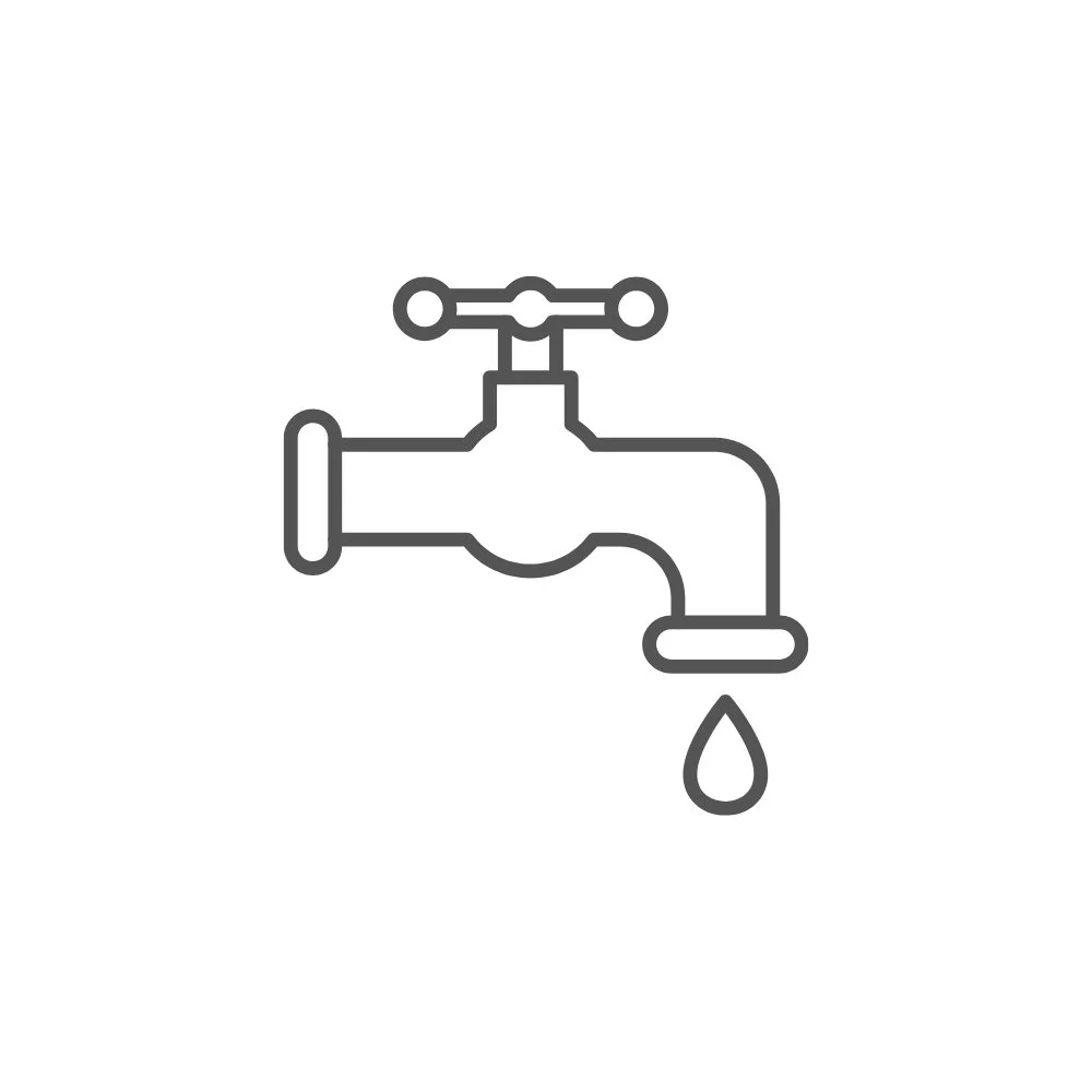 Industries we work with. Line drawing of a water faucet with a single droplet of water falling from it.