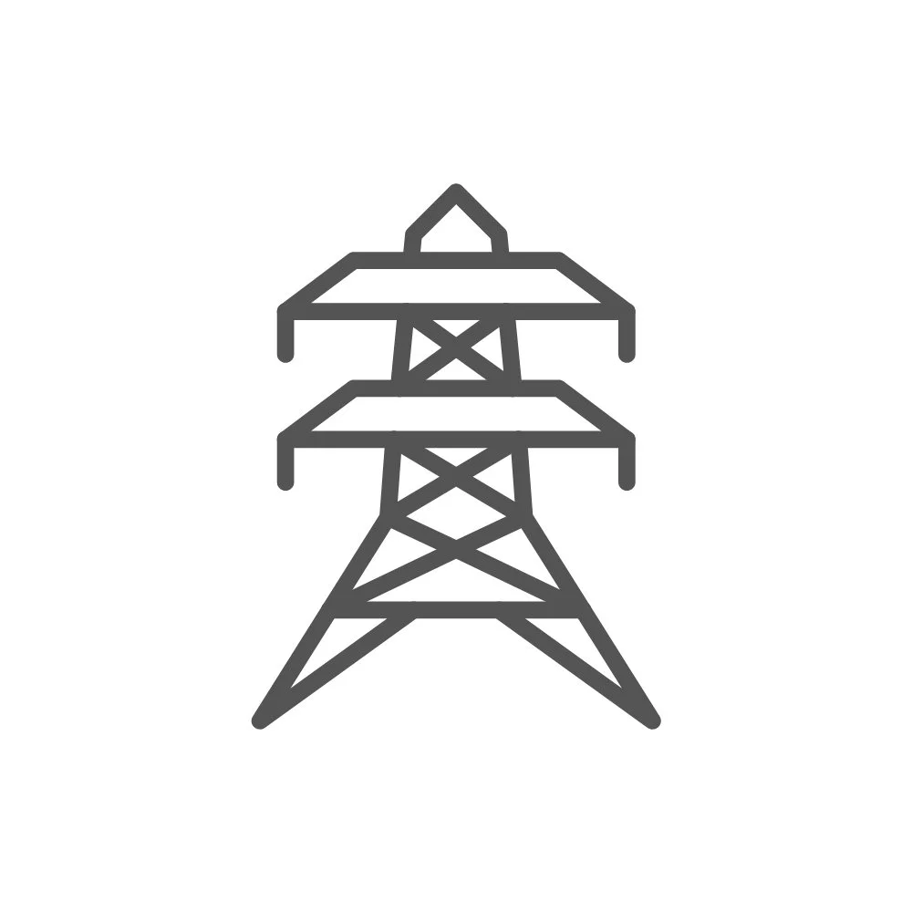 Industries we work with. Line drawing of an electricity transmission tower with two levels of power lines.