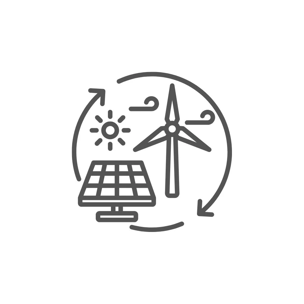 Industries we work with. Line drawing icon of a solar panel, a sun, and a clock with arrows indicating sustainability and renewable energy.