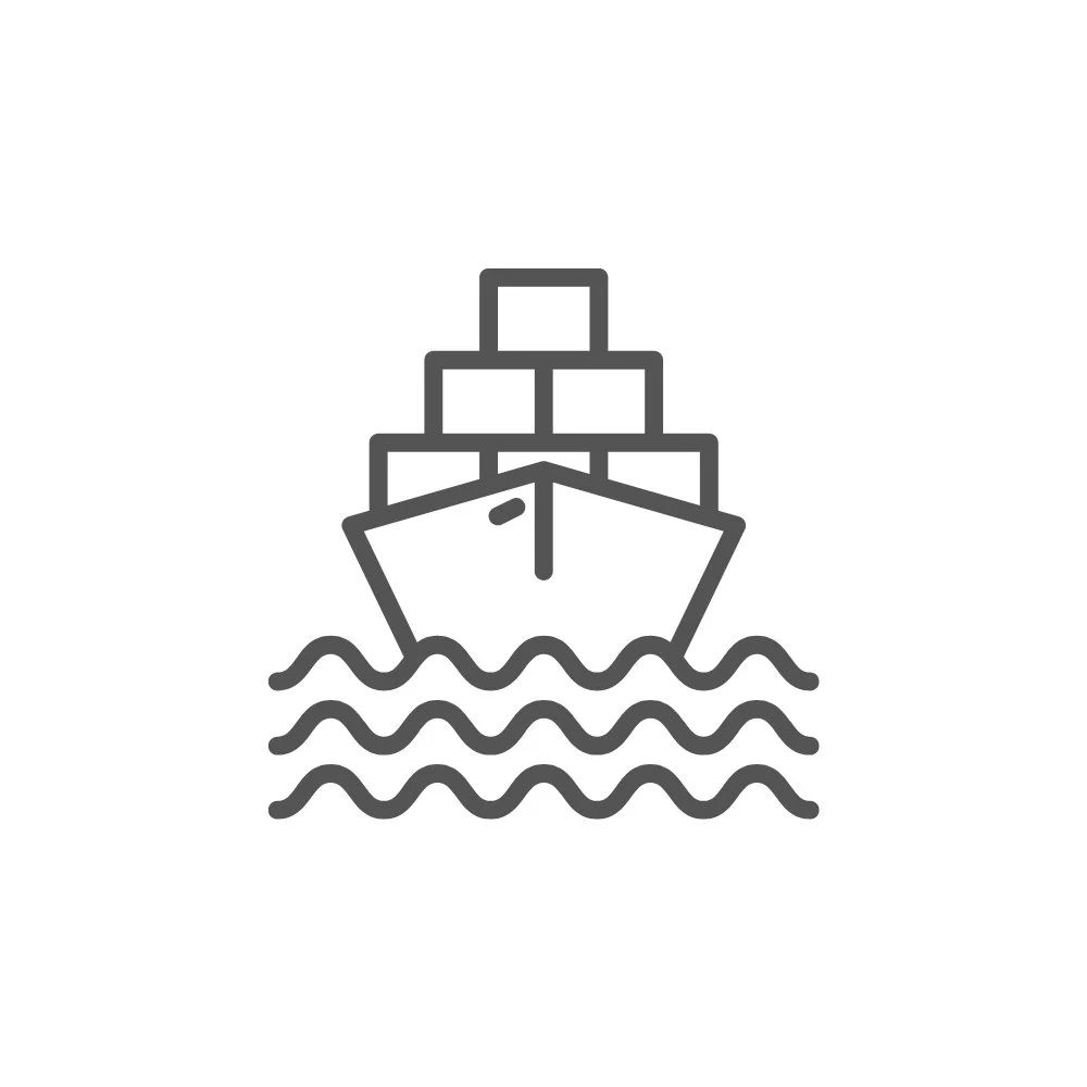 Industries we work with. Line drawing of a cargo ship with stacked containers on water.