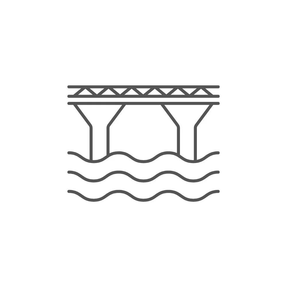 Industries we work with. Line drawing of a bridge structure over water.