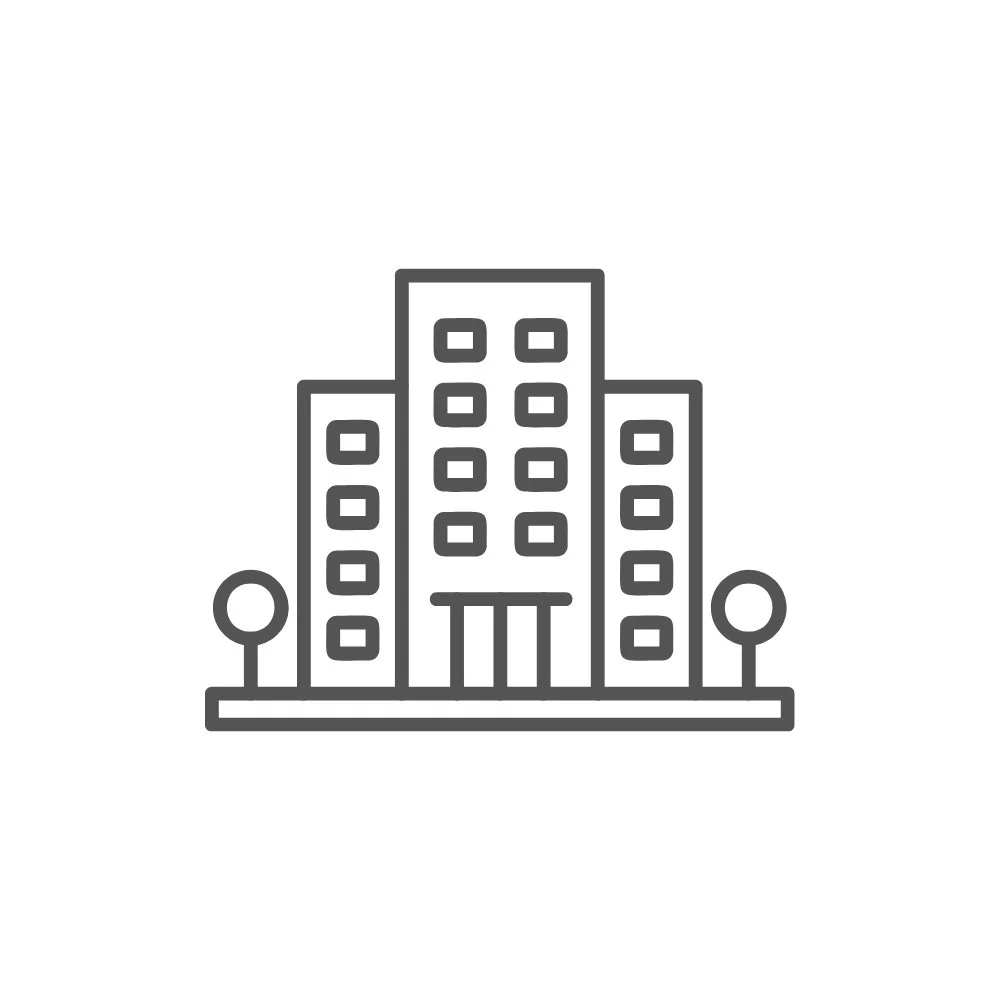 Industries we work with. Line drawing of a multi-story building with two trees on either side.