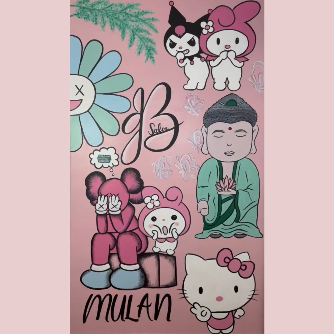 Pink background wall with various cartoon characters including Hello Kitty with a pink bow, a Buddha figure holding a lotus flower, a crying pink cartoon character, a small white cartoon girl with pink hair and bow, and two characters from the Sanrio universe. There is also a large blue flower with a smiling face, the letters 'Jb' with 'Salon' written inside the 'J', and the word 'Mulan' at the bottom. Green pine branch in top left corner.