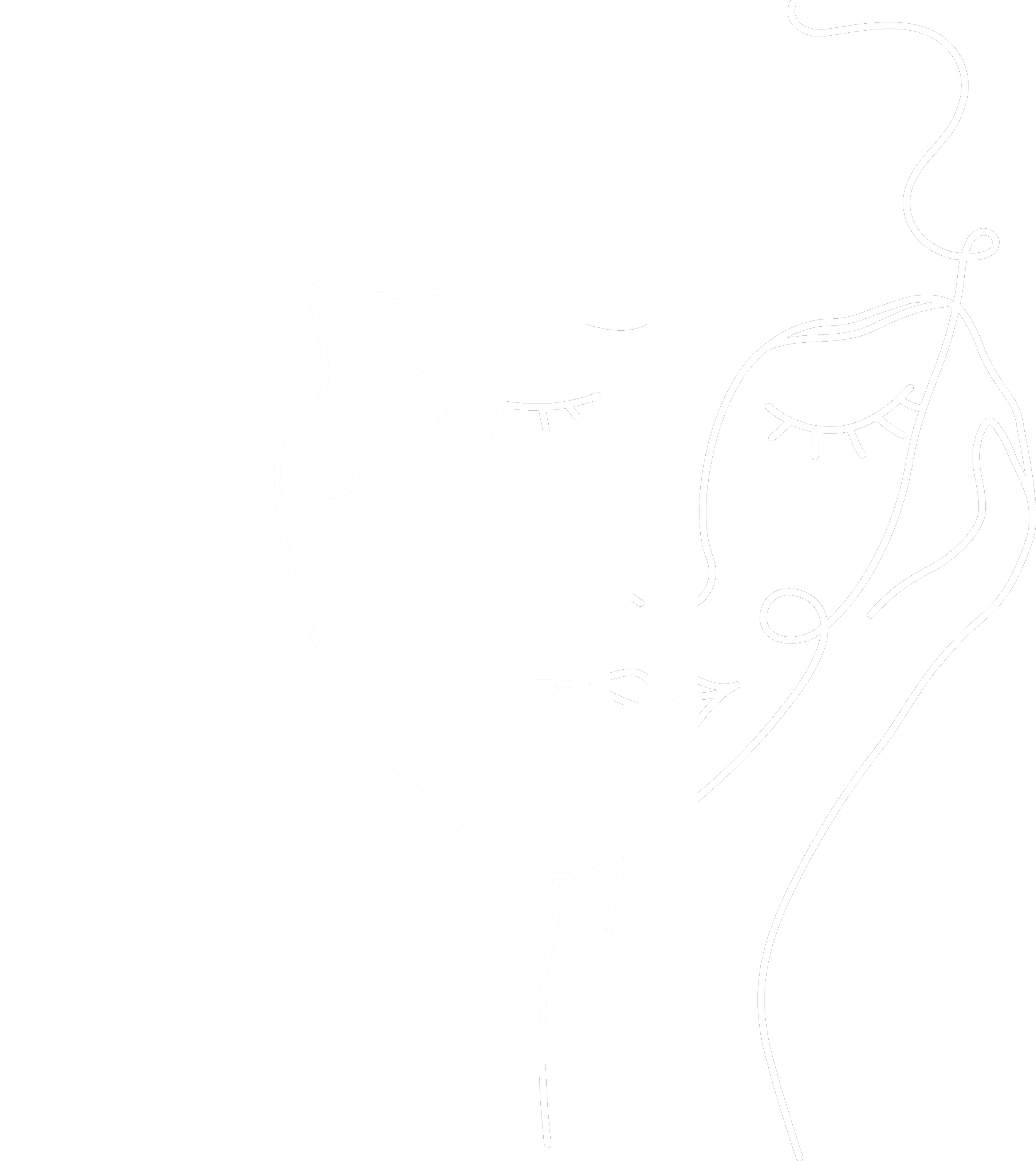 Minimalist line drawing of a woman's face with long hair, closed eye, earrings, and lips against a black background.