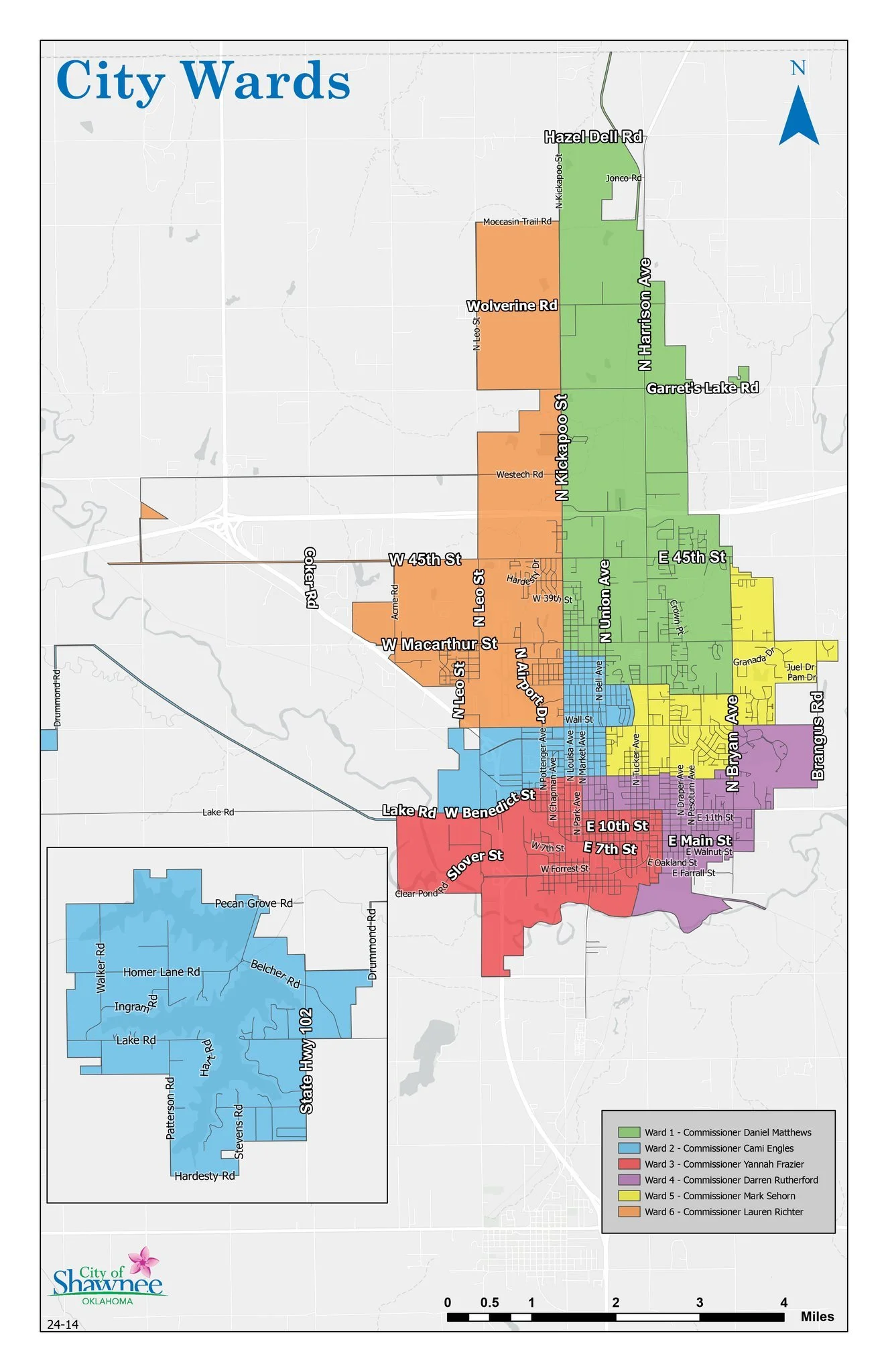 Map of Shawnee, Oklahoma, showing city wards labeled with colors and street names, with a legend indicating ward numbers and commissioners.
