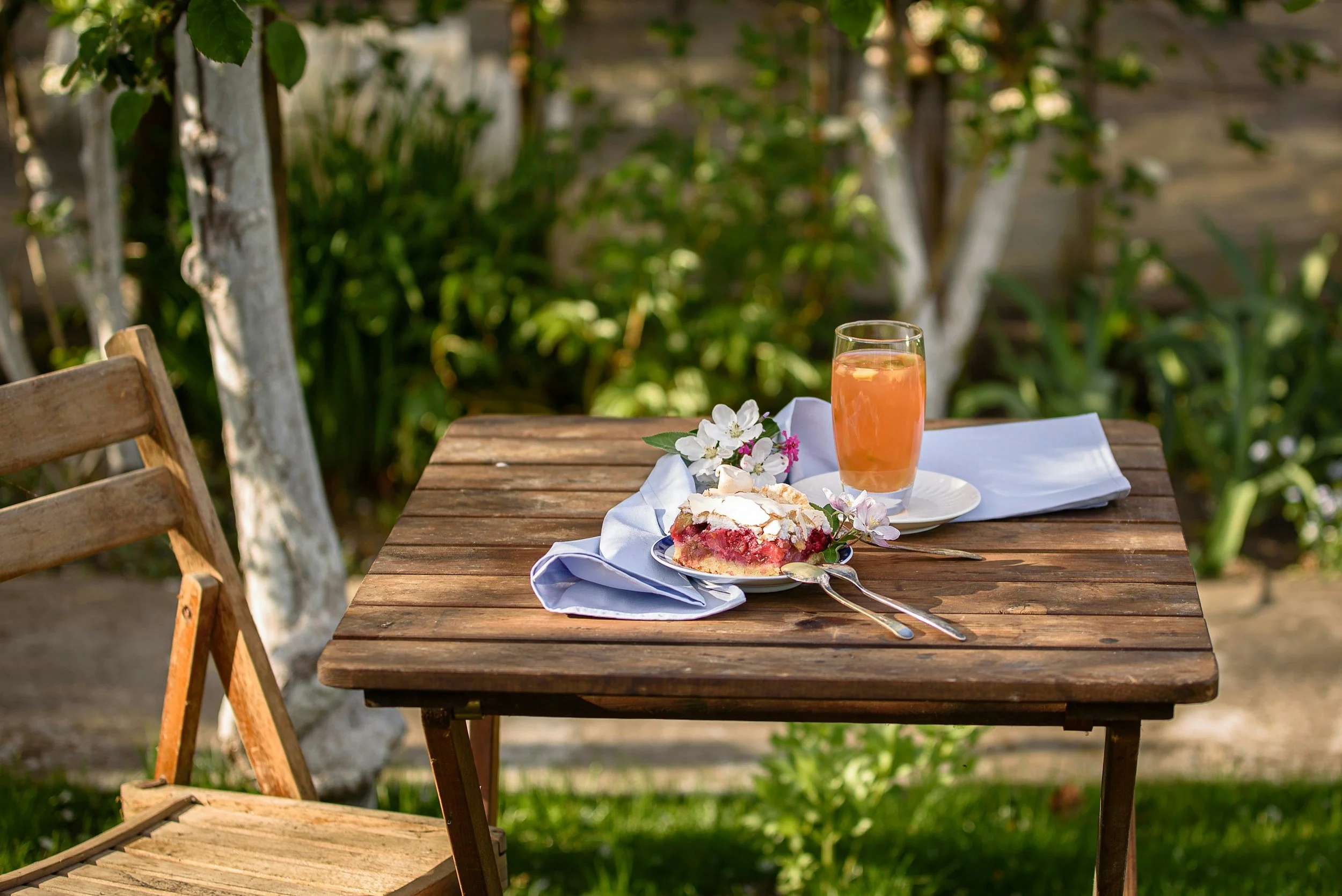 Food and drink on an outdoor garden table in natural daylight illustrating the metabolic benefits of eating outside for blood sugar stability — Emba Wellness Melbourne naturopath