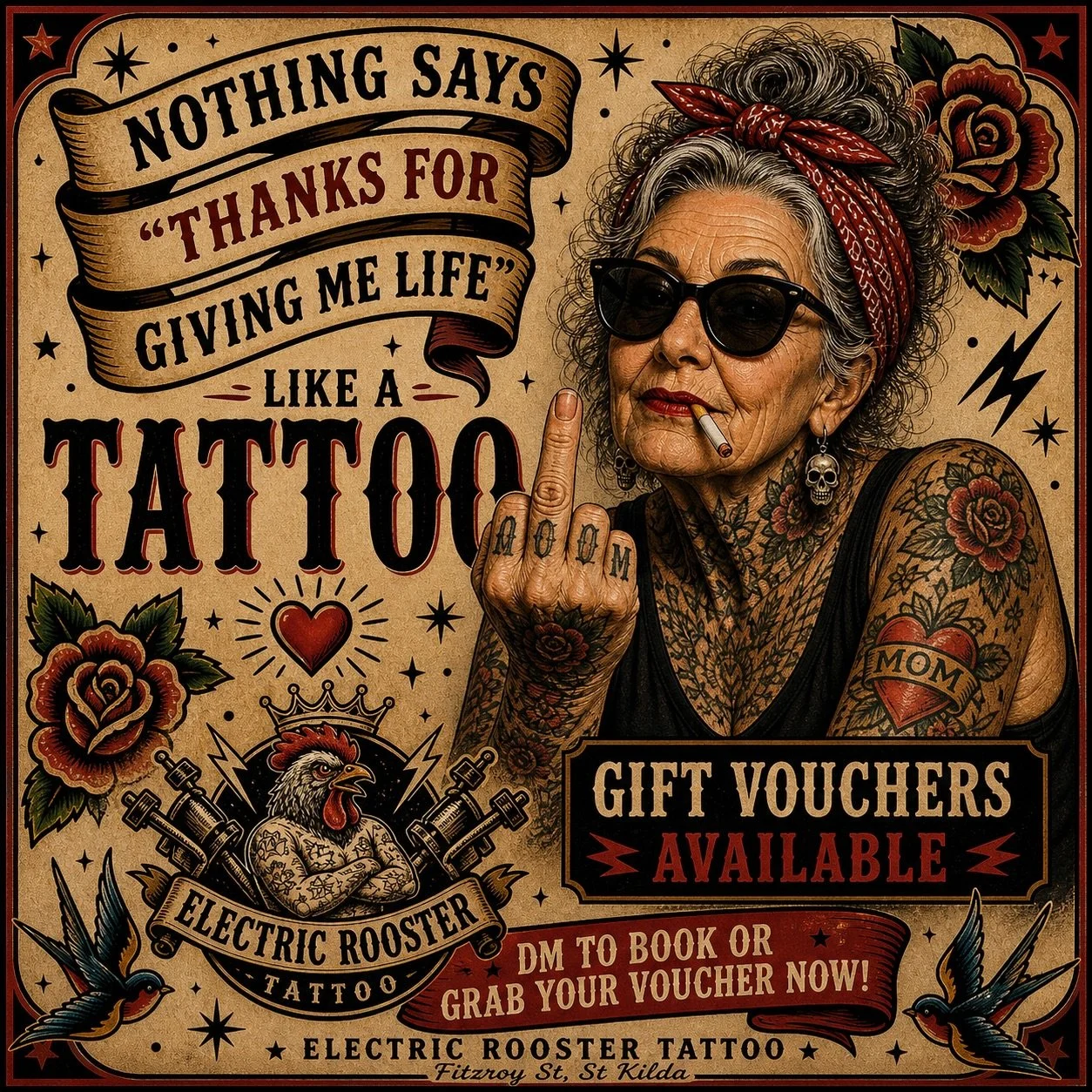 Mother&rsquo;s Day Vouchers available in store or online 💋 give mama the gift she really wants. 
📞03 9041 5199
📍89c Fitzroy St, St kilda.

#mothersdaygiftidea #tattoovoucher #tattooidea #giftideasforher