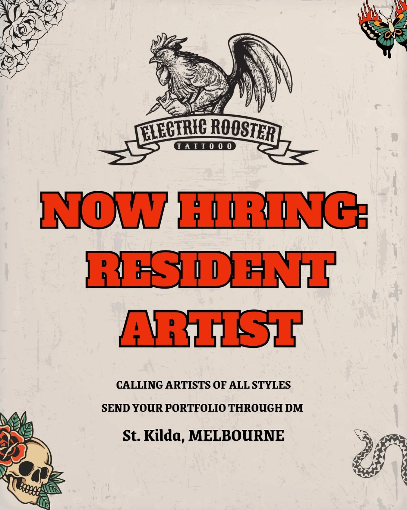 🚨Resident Artist Wanted🚨 Electric Rooster Tattoo is expanding. If you&rsquo;re passionate, professional, and hungry to grow &mdash; we want to hear from you.

 ⚡️ St Kilda, Melbourne
 📩 electricroostertattoo@gmail.com

#tattooartistwanted
#residen