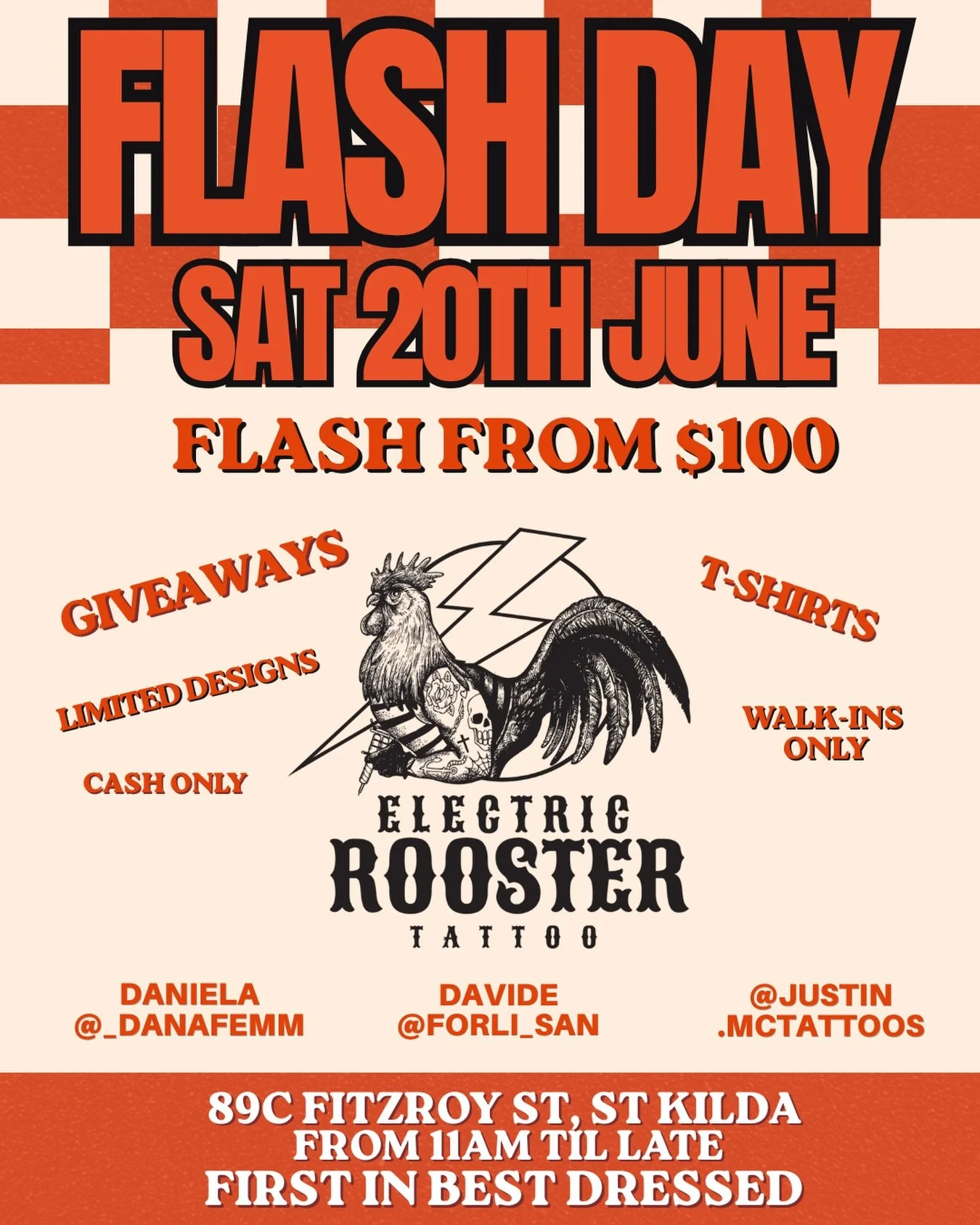 ⚡ FLASH DAY INCOMING ⚡

Saturday 20th June
Flash tattoos from $100
Walk-ins only &bull; First in, best dressed

🎁 Giveaways
💌 Voucher Draws
👕 T-shirts
🔥 Exclusive flash designs

Featuring:
@_danafemm 
@forli_san 
@justin.mctattoos 

Stay tuned fo