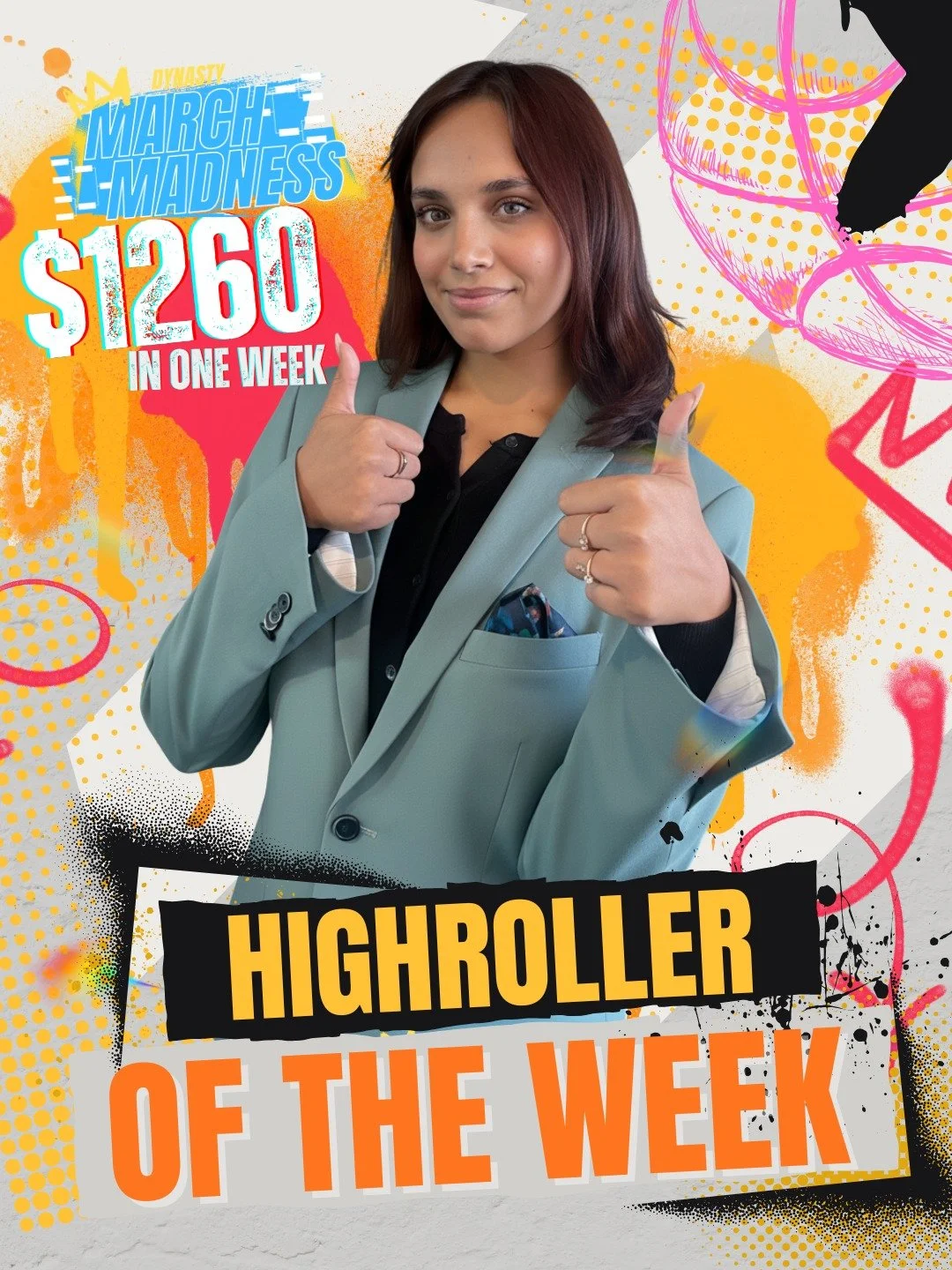 Meet Hayat, the ultimate high roller! 🎲

 In just one week of March Madness, she showed everyone how it's done, earning a whopping $1,260 on the field! 💰

#MarchMadness #HighRoller #WinningStreak #GameOn #Strategy #Luck #SuccessStory #Inspiration #