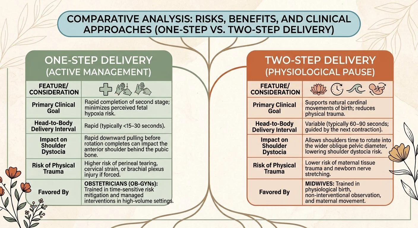 A chart describing the comparative analysis, risks, and benefits between one-step and two-step delivery of the fetal head during childbirth. something for patients under OB care to consider at Mount Sinai Hospital in Toronto L&D