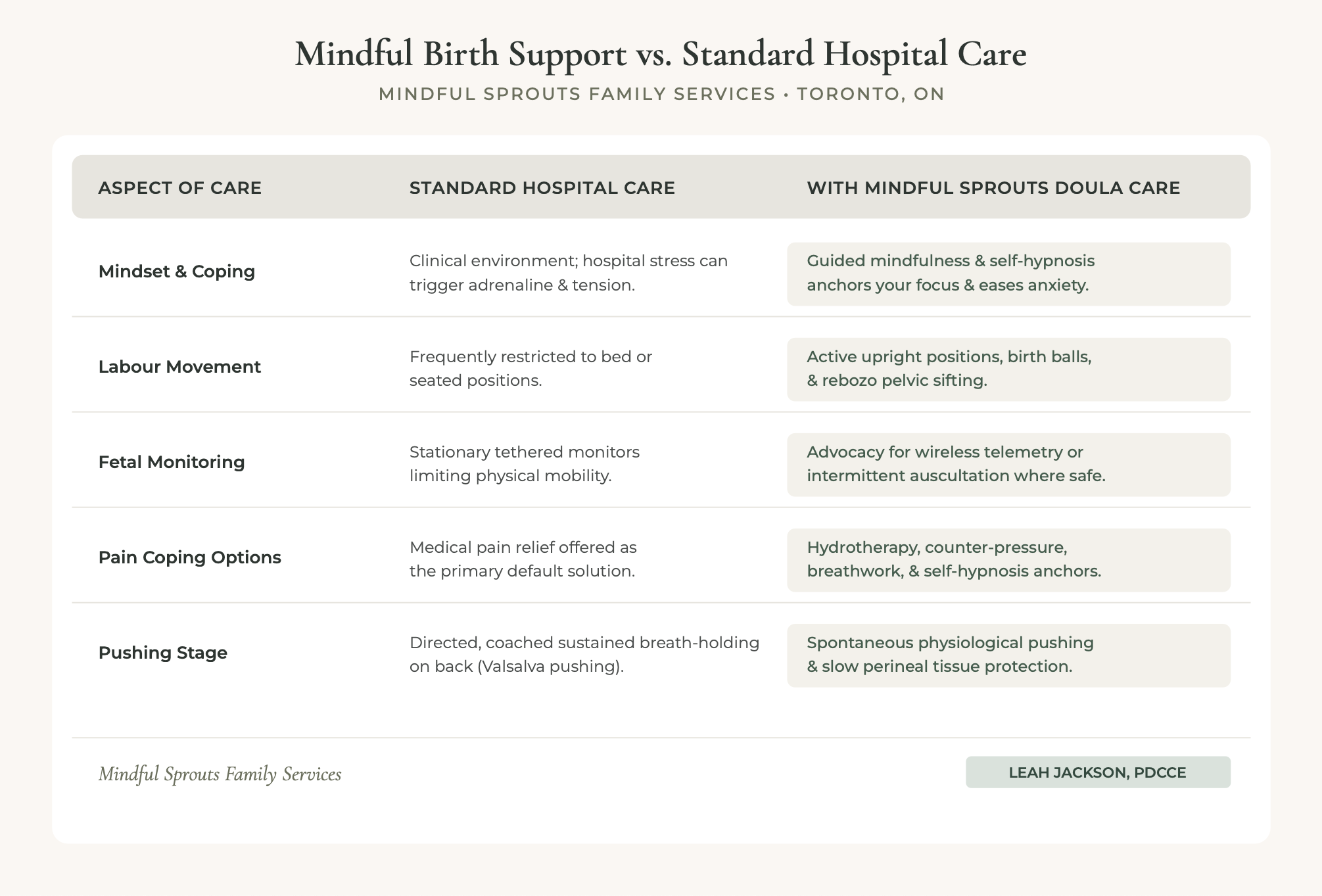 Chart demonstrating how Leah's Toronto Birth Doula support and advocacy benefits people giving birth at home or at Mount Sinai hospital
