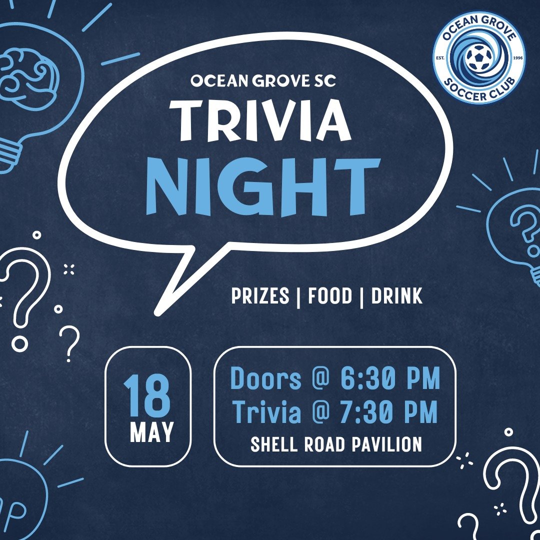 JOIN US FOR TRIVIA NIGHT 💡

Saturday 18th May 
Doors open 6:30 pm, Trivia starts at 7:30!
$45 per person, tables of ten 
Includes - Finger food for each table catered by Driftwood Cafe
Drinks at bar prices and prizes to be won!

Tickets are availabl