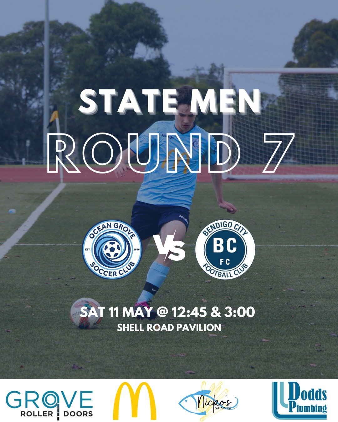 Our State Men kick off Round 7 at home tomorrow afternoon against @bendigocityfc.  The Reserve game starts at 12:45, and the Senior game starts at 3:00. Canteen will be open, come down and support your Ocean Grove SC!