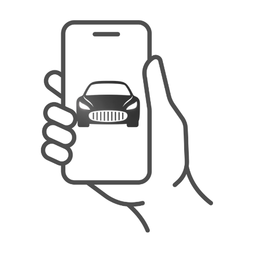 Outline of a hand holding a smartphone with a picture of a car's front view displayed on the screen.