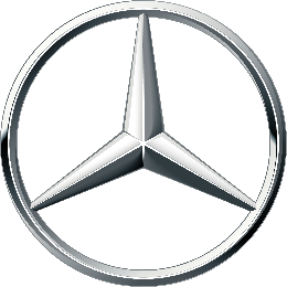 Close-up of a Mercedes-Benz logo with a blue and green background.
