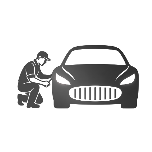 A conceptual design of a sleek, modern car with aerodynamic features, depicted in a minimalistic style with a person's outline beside it.