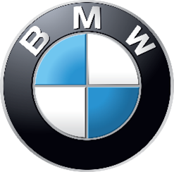 BMW logo with blue and white quarters in a circular emblem