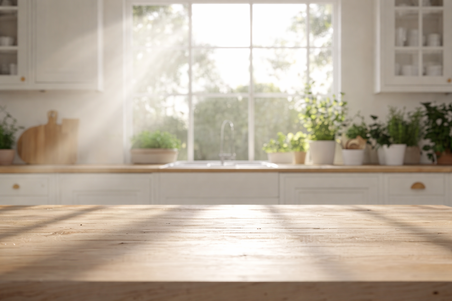 A bright, sunlit kitchen with a large wooden table and soft morning light, symbolizing the quiet of an empty nest season. A marriage therapist in Chino, CA can help couples navigate this transition together.