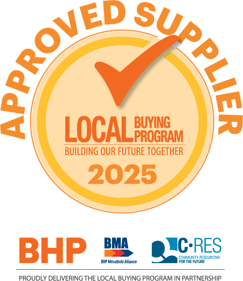 A circular badge with an orange checkmark at the top and bold text that reads "Approved Supplier". Inside, it says "Local Buying Program 2025" with the tagline "Building Our Future Together." Logos for BHP, BMA, and CRES are at the bottom, representing the partnership for the local buying program.