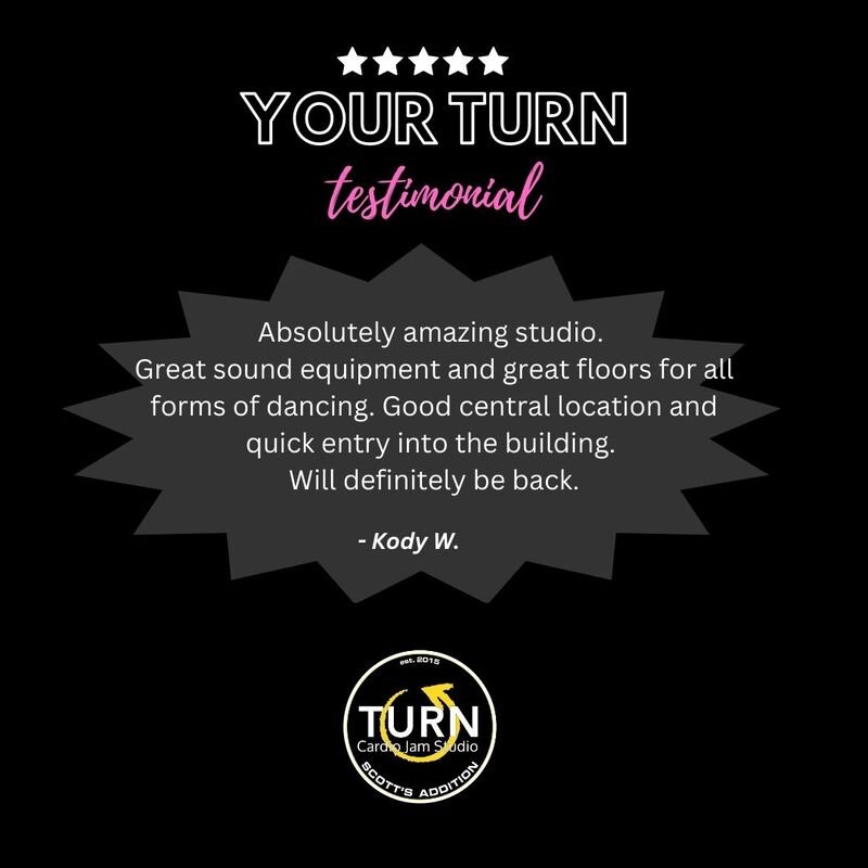 A black background with white and pink text, stars, and a logo. It is a testimonial for a dance studio called TURN, praising its sound equipment, floors, location, and entry. The testimonial is signed by Kody W. and features a circular logo at the bottom with a yellow lightning bolt and the words 'Carolina Jam Studio' and 'Scott's Addition'.