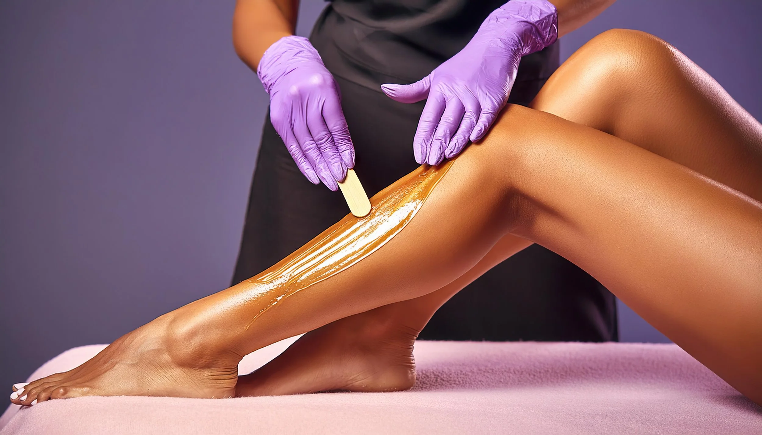 A person receiving a waxing treatment on their leg, with purple gloves applying wax.