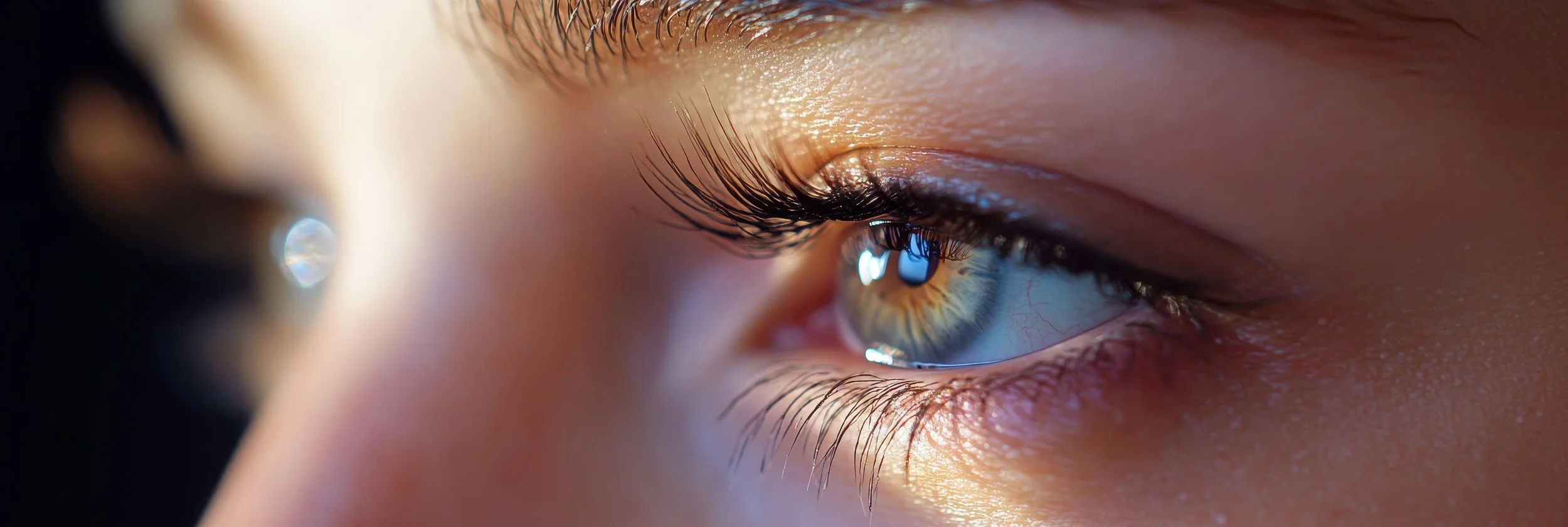 Close-up of a person's eye with detailed eyelashes and colorful iris, reflecting light.
