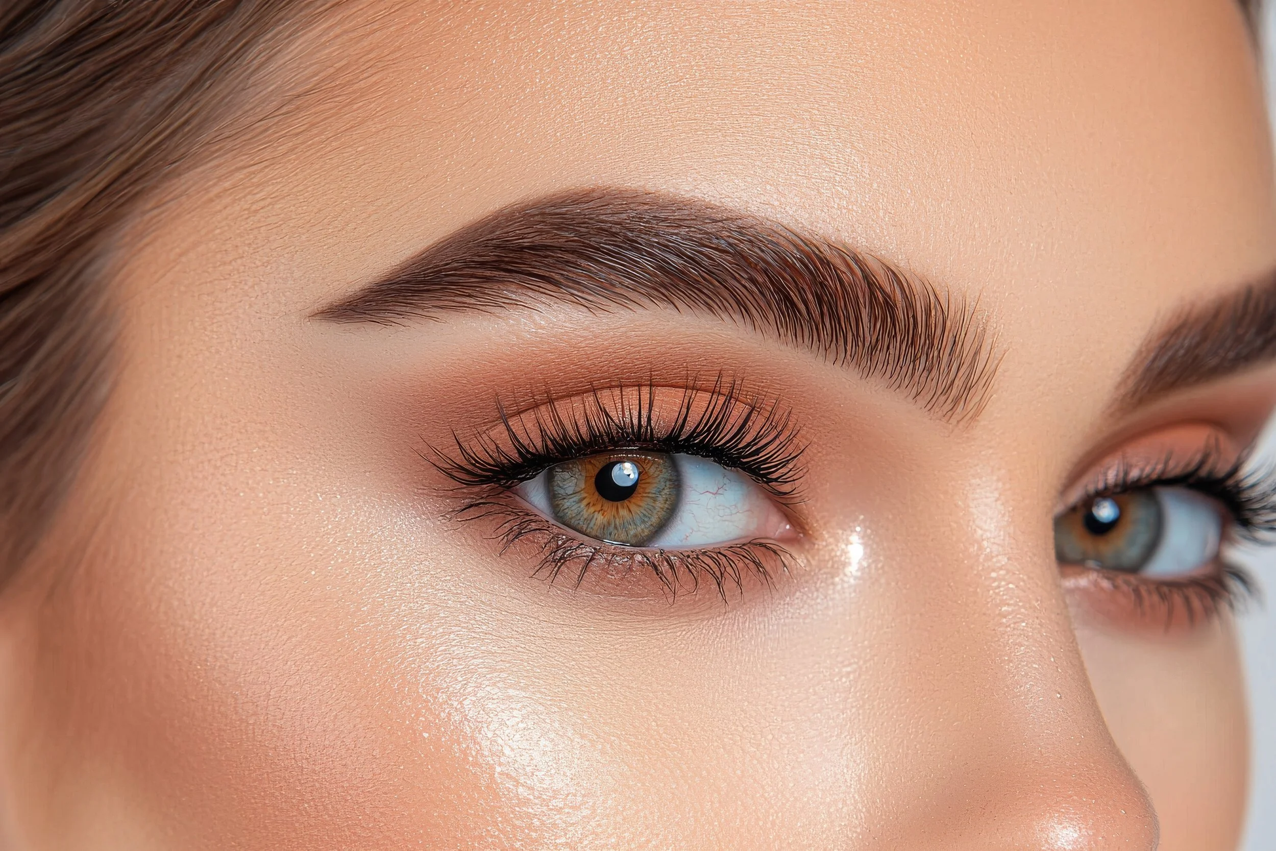 Close-up of a woman's eye with detailed makeup, including eyeshadow, eyeliner, mascara, and well-groomed eyebrow.