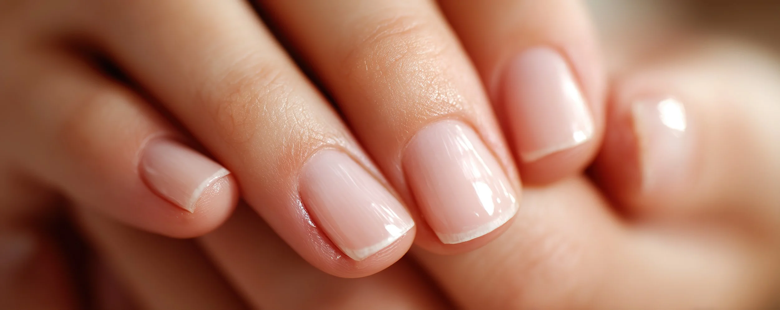Close-up of a person's well-manicured fingernails with a natural, shiny appearance.