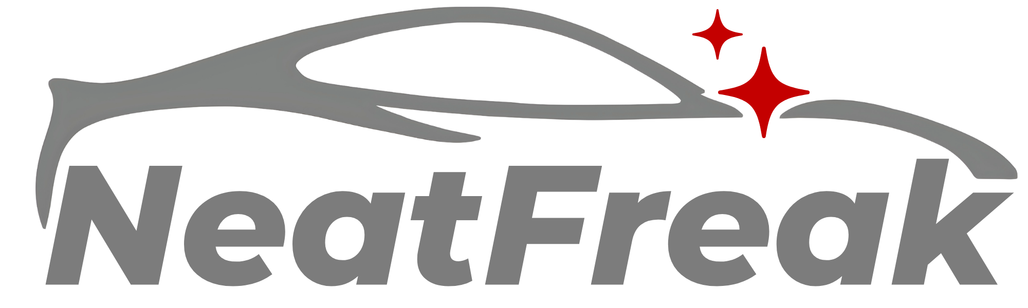 NeatFreak official logo, with a gray silhouette of a sports car with red sparkles, that wraps a clean text of "NeatFreak" underneath.