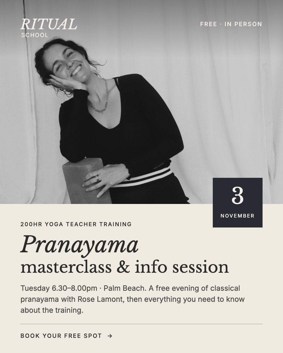 Free Pranayama Masterclass + 200hr YTT Info Session with Rose Lamont, Tuesday 3 November, Palm Beach
