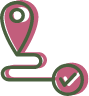 A map icon with a pink location marker and a checkmark