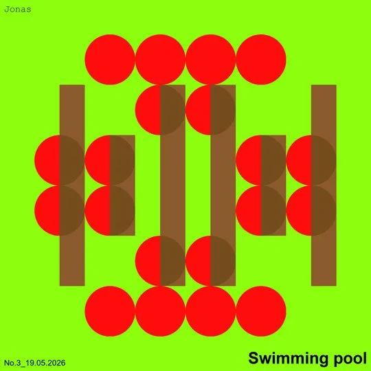 Abstraktes Bild mit roten Kreisen, braunen Balken und grünem Hintergrund, das eine surreale Darstellung eines Schwimmbeckens zeigt.