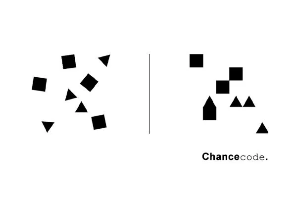 Zwei Gruppen von schwarzen geometrischen Formen, verbunden durch ein vertikales Lineal, mit dem Text »Chancencode.«