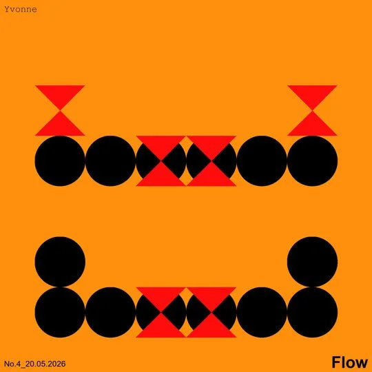 Abstraktes geometrisches Muster mit schwarzen Kreisen, roten Dreiecken und orangefarbenem Hintergrund.