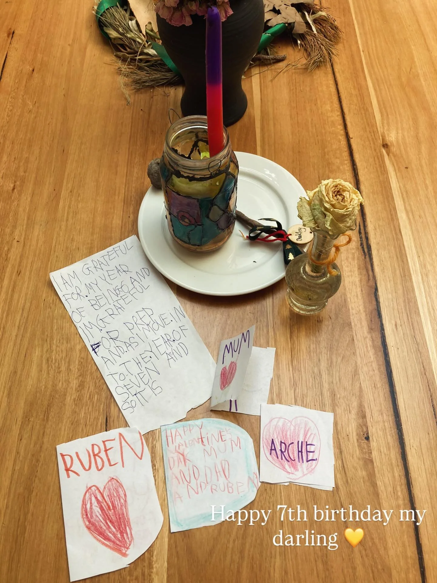 This kid 🥹

Today he turns 7.

As we prepared to gift him his presents this morning, he presented us with cards he had made for each of us as well as a family Valentine&rsquo;s Day card. 

Last night he wanted to write a prayer to acknowledge his ye