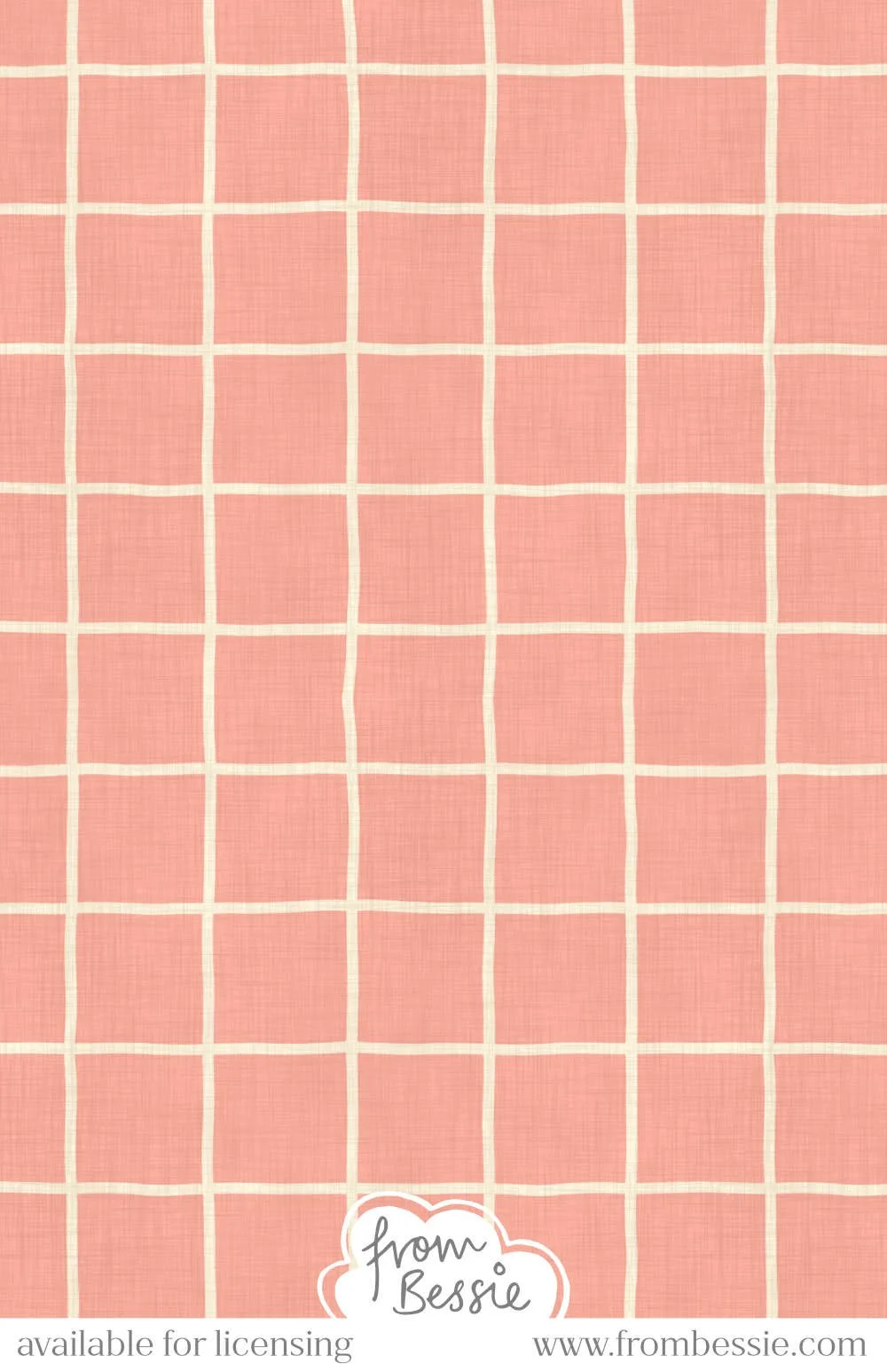 Simple windowpane grid pattern made of thin, hand-drawn wobbly strokes on linen canvas texture. Pastel salmon pink and white colours. Designed by Bessie Ng.