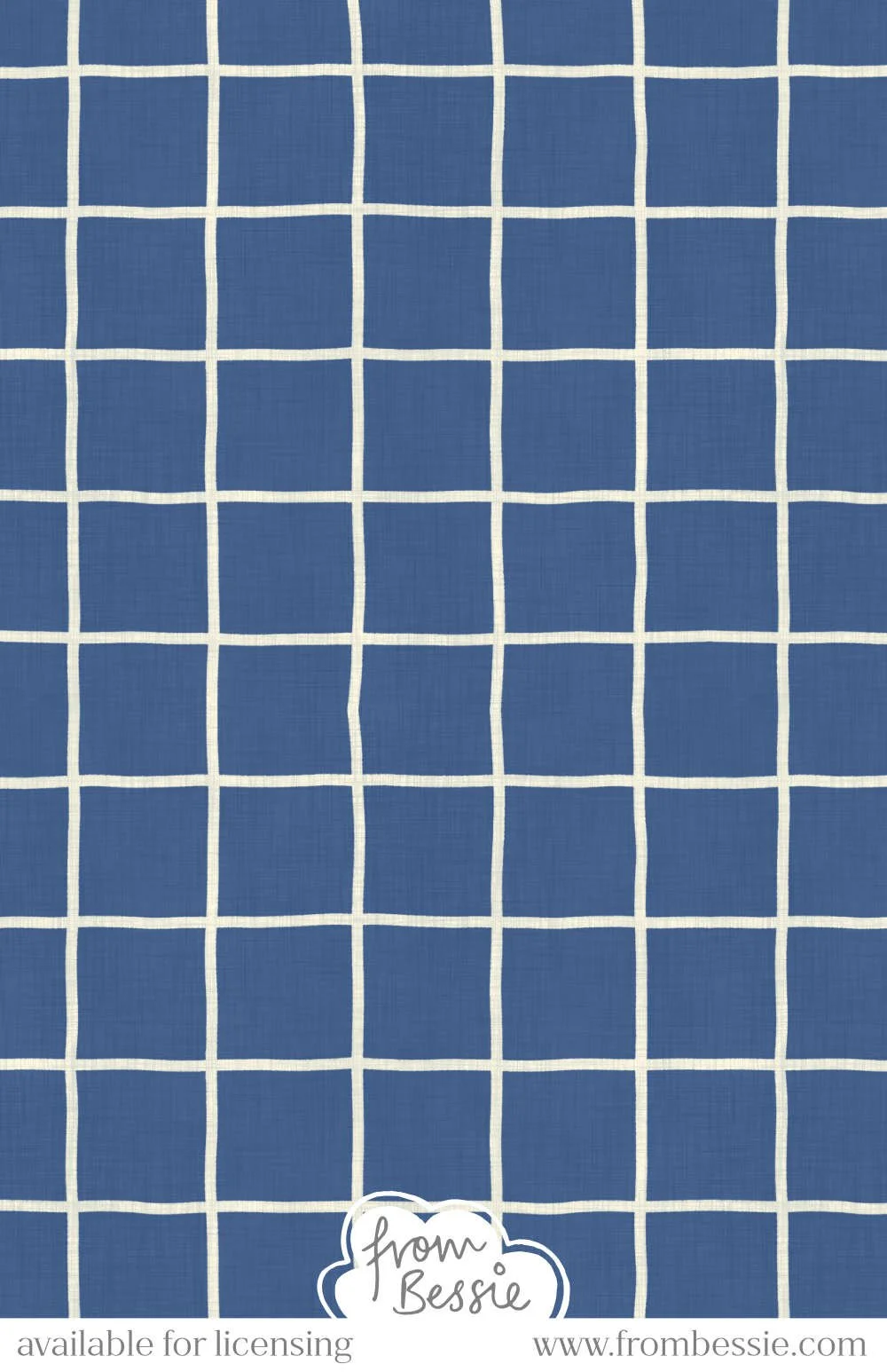 Simple windowpane grid pattern made of thin, hand-drawn wobbly strokes on linen canvas texture. Navy blue and white colours. Designed by Bessie Ng.