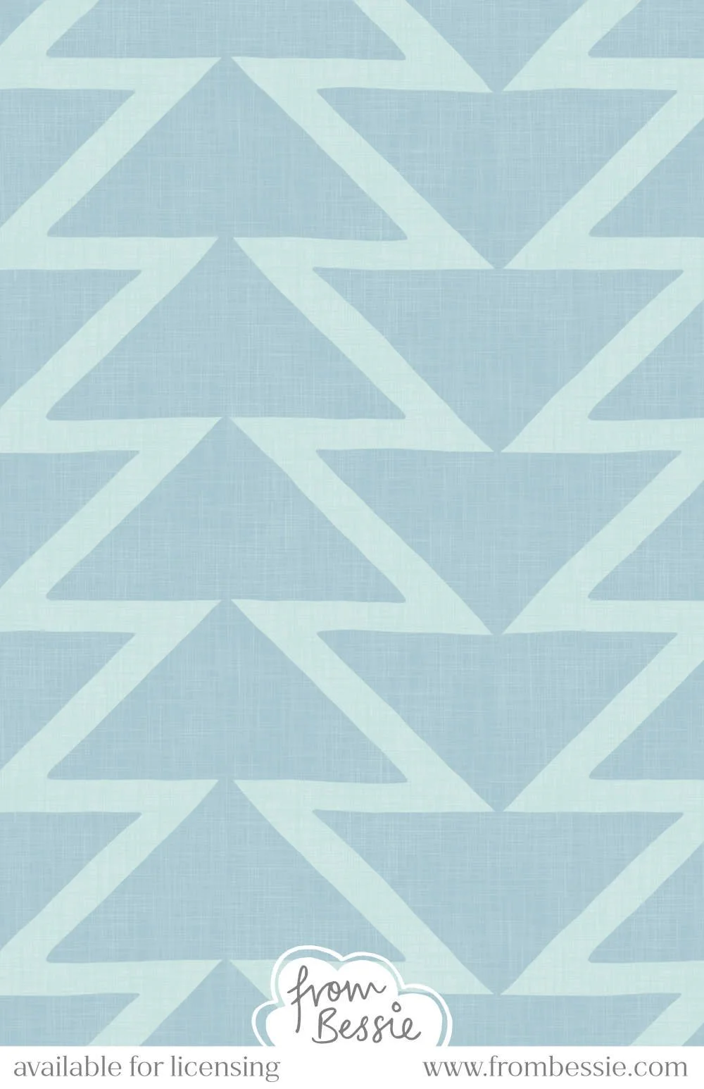 Allover geometric mid mod pattern with vertical rows of triangles, alternative rows facing up and down, in baby blue and sky denim blue. Designed by Bessie Ng