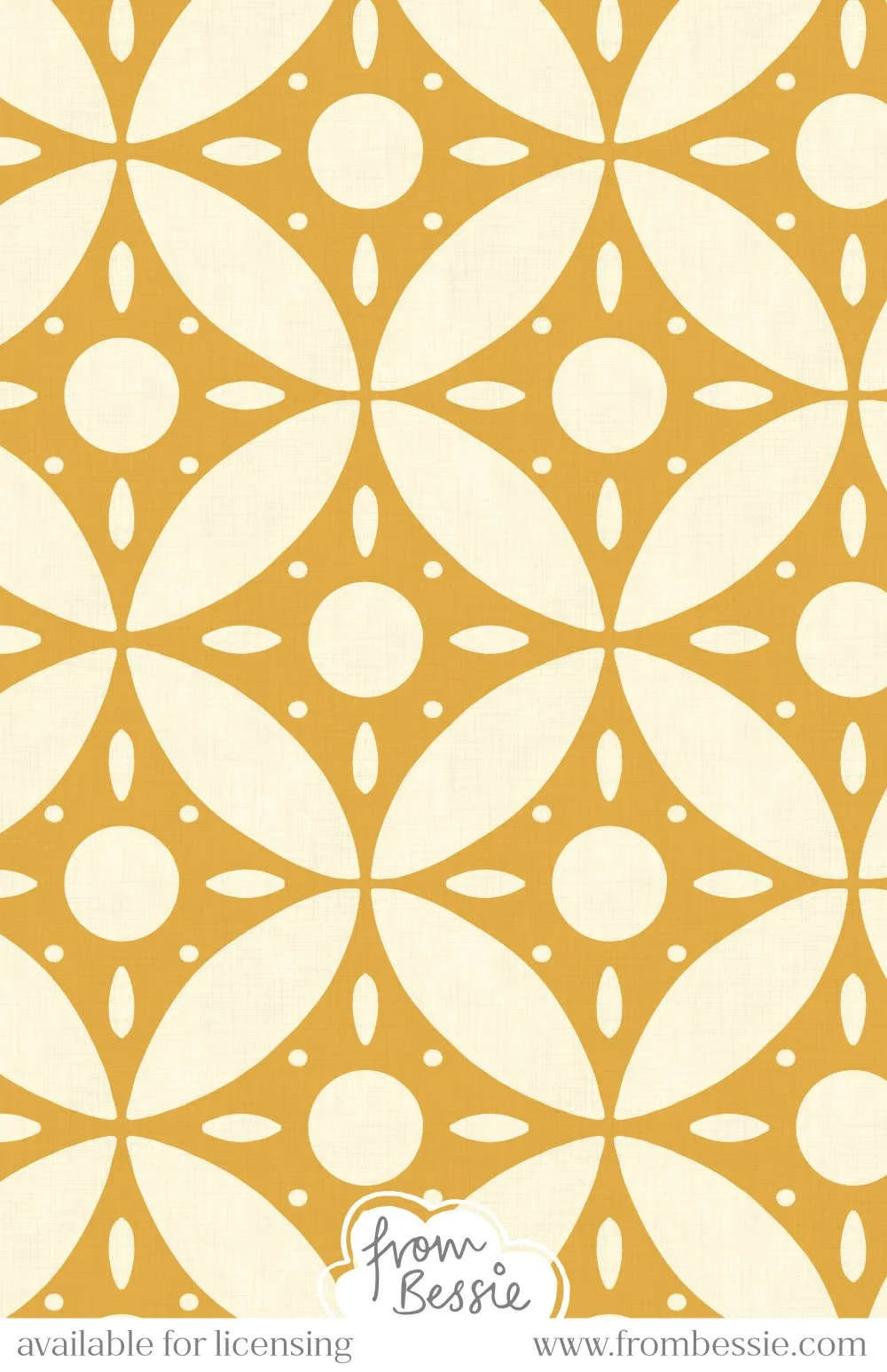 An abstract mid century modern geometric seamless pattern with large circles and diamonds. Bold gold brown with white colours. Designed by Bessie Ng.