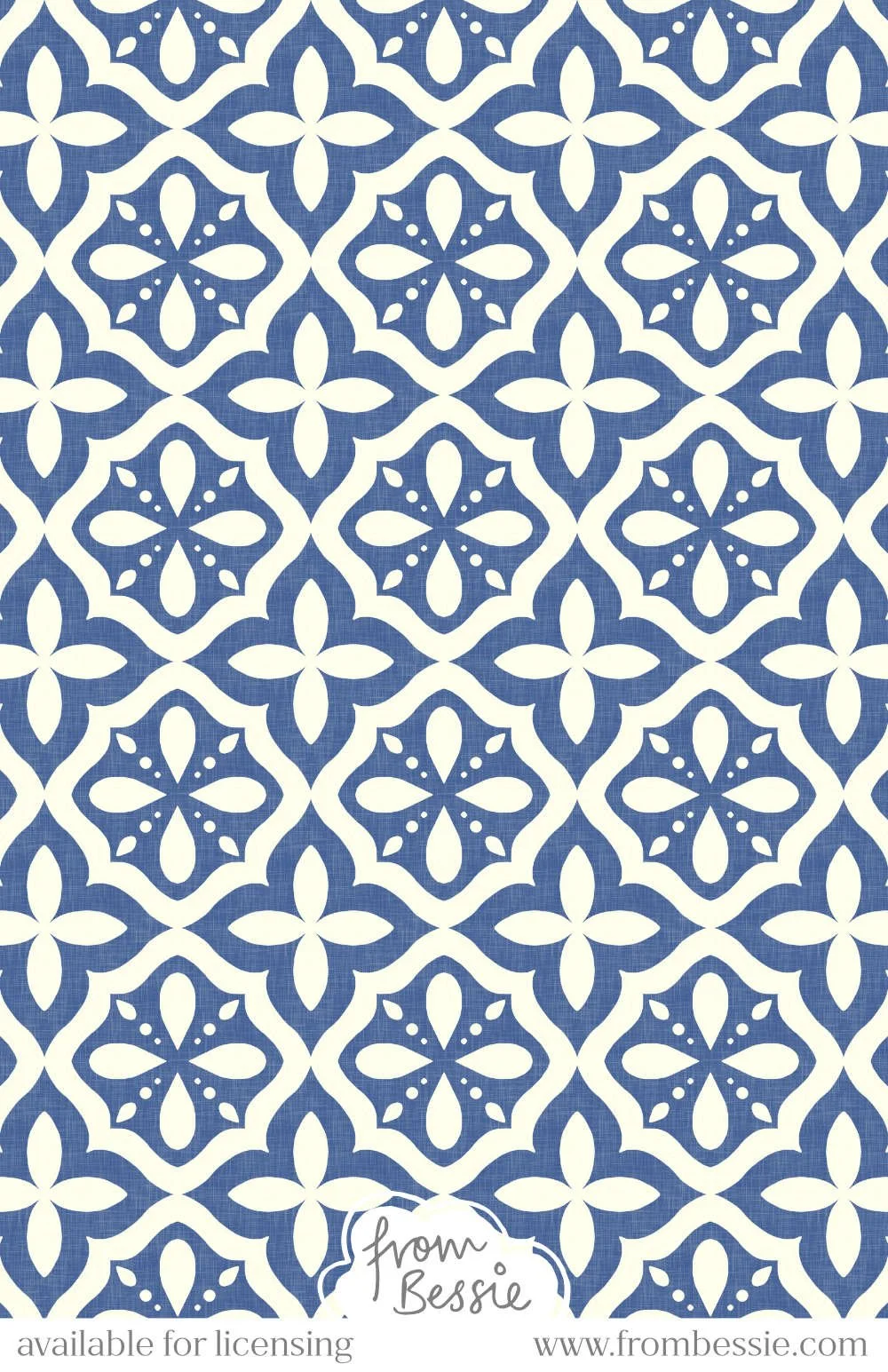 A linen textured seamless pattern with arabesque coastal symmetrical tiles in a diamond layout, with a minimalist monochrome style. In white and navy blue. Designed by Bessie Ng.
