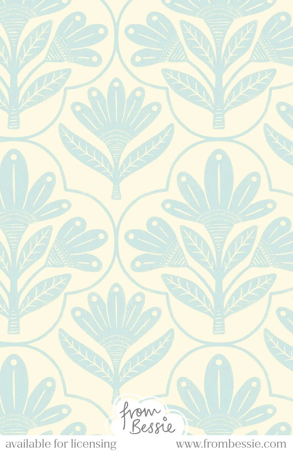 Symmetrical daisies in block print folk art style, in a quatrefoil layout. Pastel baby blue on a cream background. Designed by Bessie Ng.
