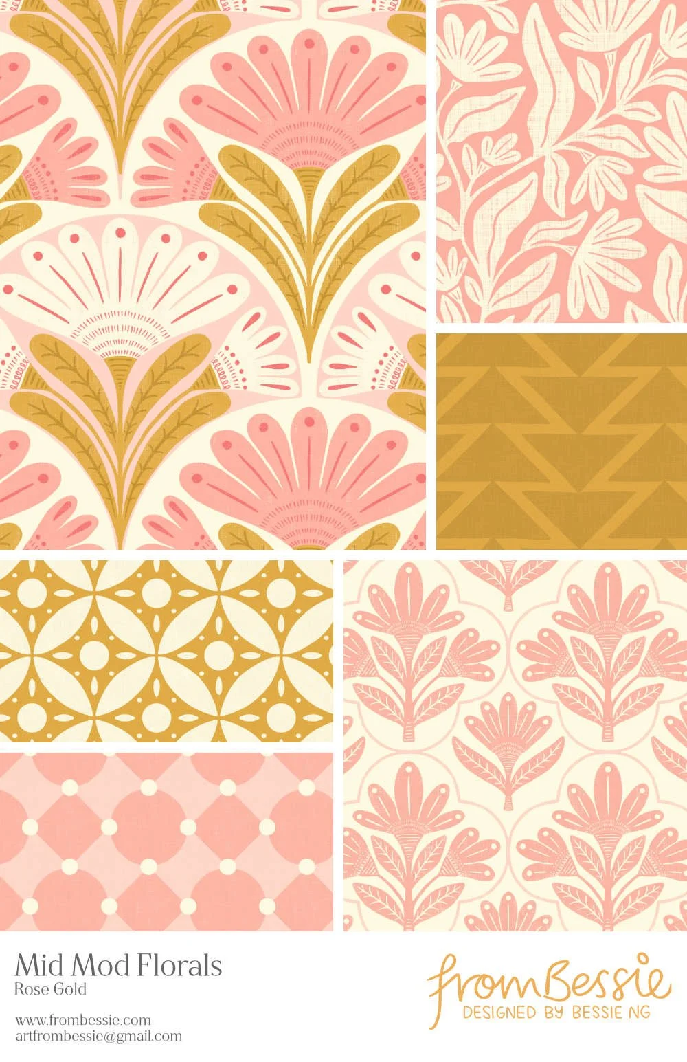 Six ‘Mid ‘Mod Floral’ patterns by Bessie Ng: featuring symmetrical folk art daisy motifs in geometric layouts, in rose pink and gold brown.
