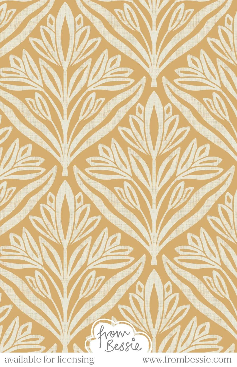A symmetrical, minimalist seamless pattern with block print wild tulips and leaves in a diamond layout. Textured floral design with a Japandi aesthetic. Off white on orange ochre background. Designed by Bessie Ng.