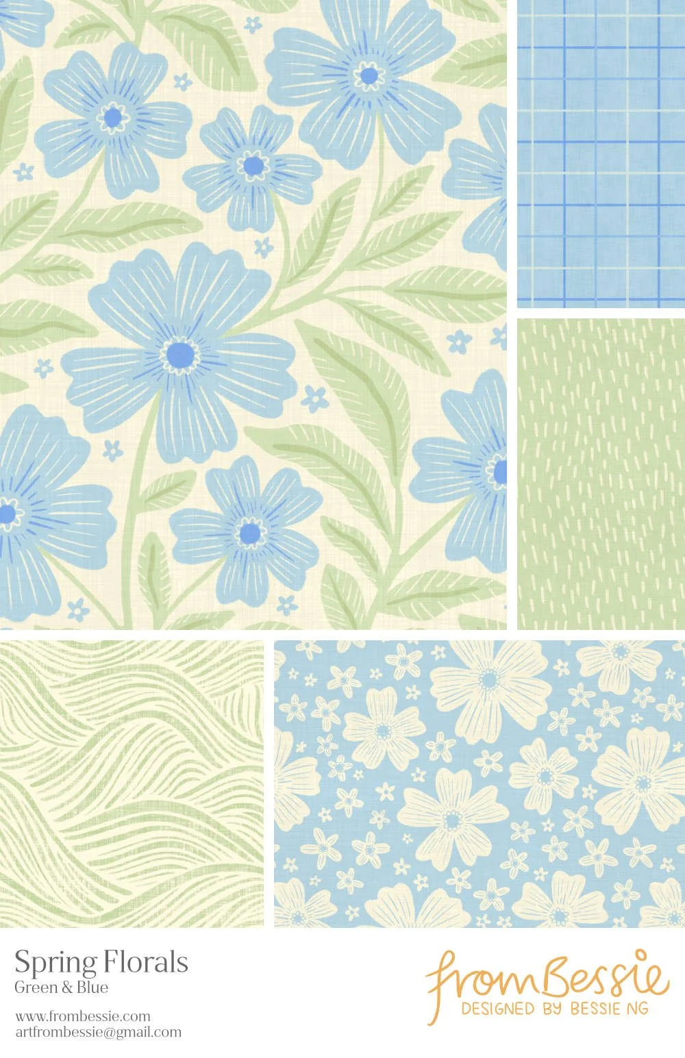 Six whimsical spring floral patterns by Bessie Ng: featuring trailing botanicals, linen grid and pencil mark designs, in pastel blue and green.