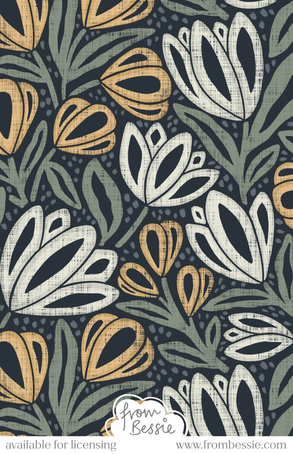 A dense, allover seamless pattern with block print inspired florals with a Scandinavian vibe. Maximalist bold floral shapes with dots in empty spaces. Yellow and White on Navy Blue. Designed by Bessie Ng.